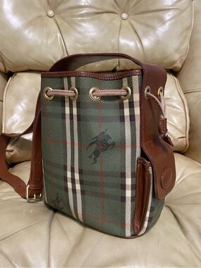 Vintage Burberry Sling Bag Drawstring Olive Haymarket Check Canvas Leather